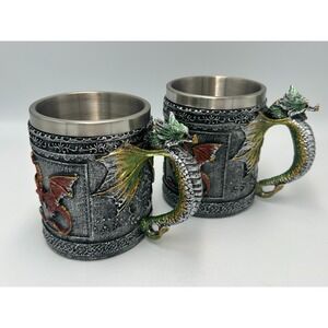 Medieval Dragon Coffee Mug Mythical Metal Stein Green Renaissance Unique Set- 2